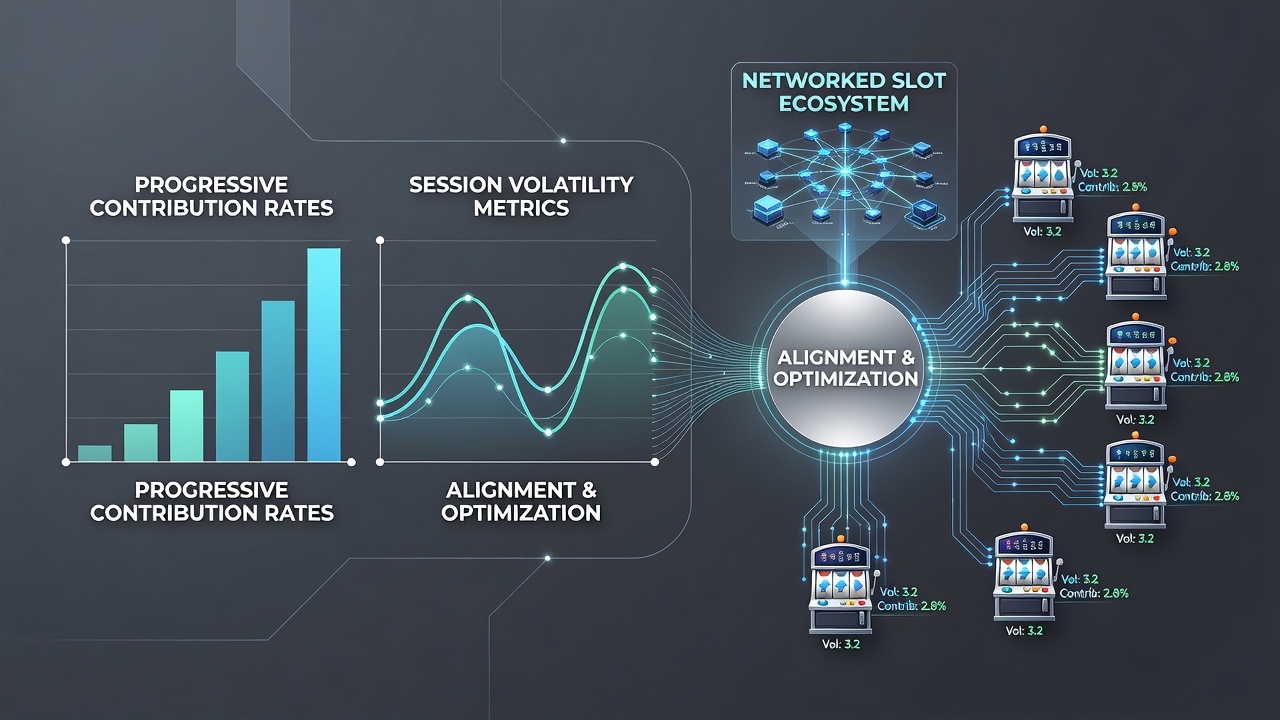 Analytics dashboard showing aligned contribution rates and volatility graphs for interconnected slot progressives