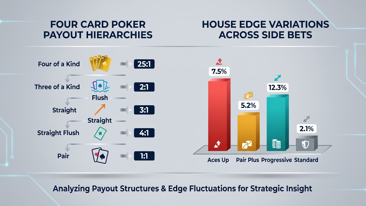 Close-up of Four Card Poker side bet payout display and progressive meter