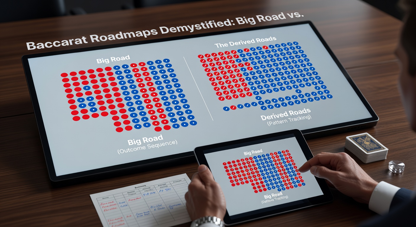 Side-by-side comparison of Baccarat roadmaps including Big Eye Boy and Small Road on a digital casino interface, illustrating derived pattern grids below the primary Big Road
