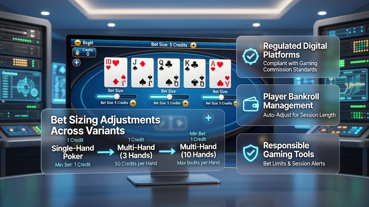 Close-up of video poker paytable and bet selector tools used for sizing adjustments