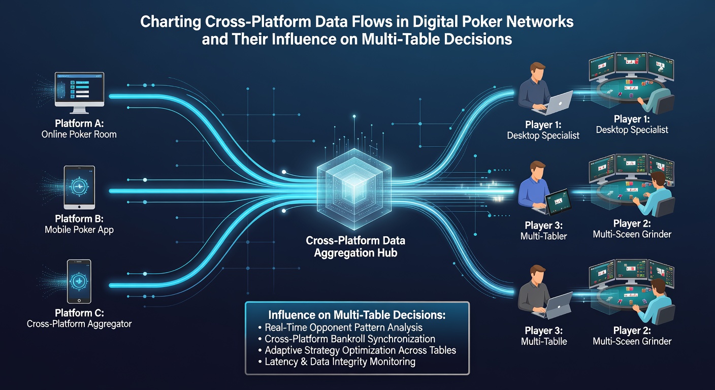 Illustration of synchronized poker tables on multiple screens with overlaid statistical overlays fed by unified data streams