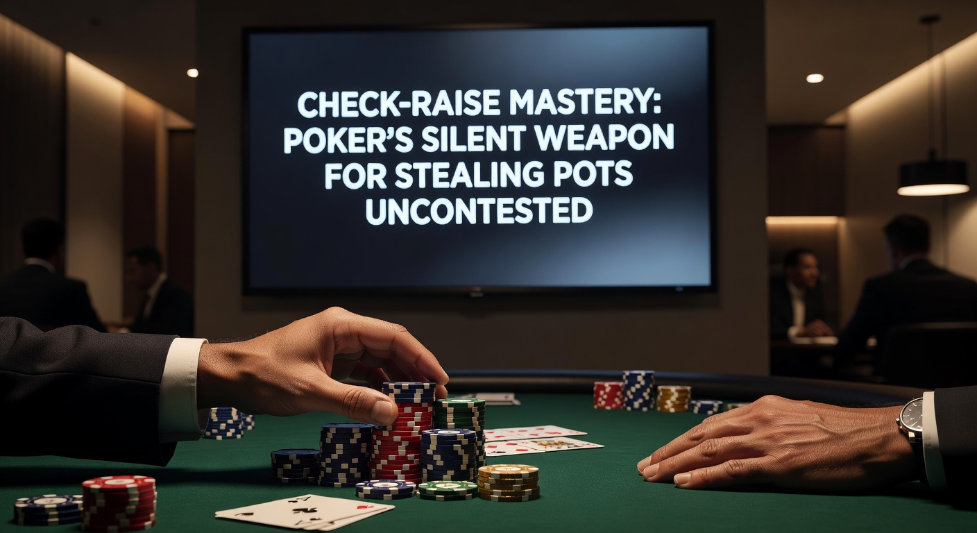 Dramatic poker hand showdown with chips stacked high, illustrating a successful check-raise fold equity in action