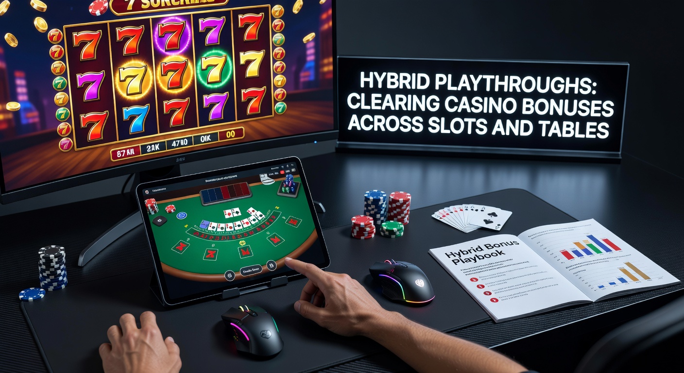 Strategic infographic showing bonus playthrough progress bars divided between slot reels and table game chips, with percentage allocations and RTP metrics