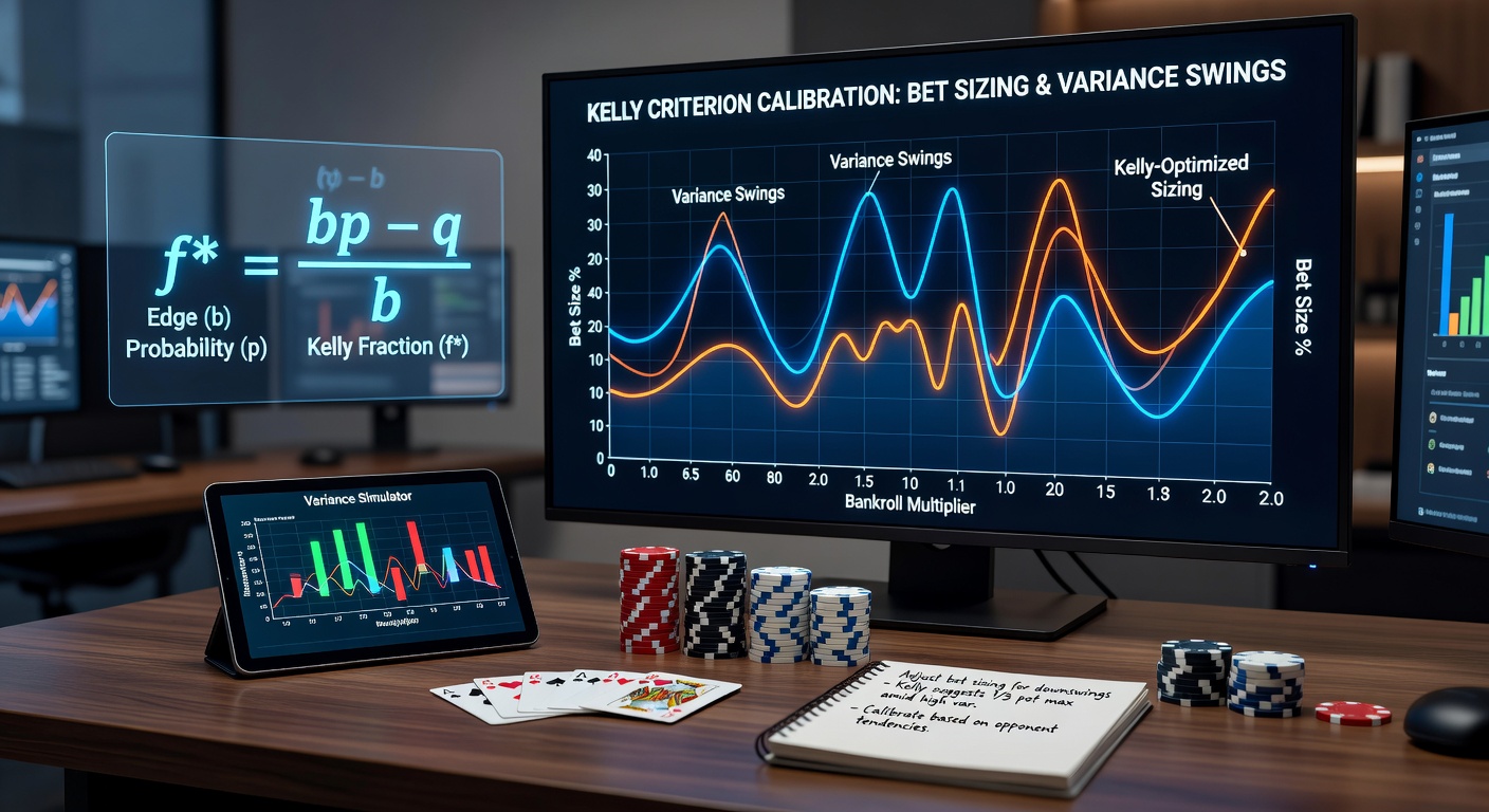 Poker player at cash game table with overlay charts illustrating calibrated bet sizes during a variance downswing