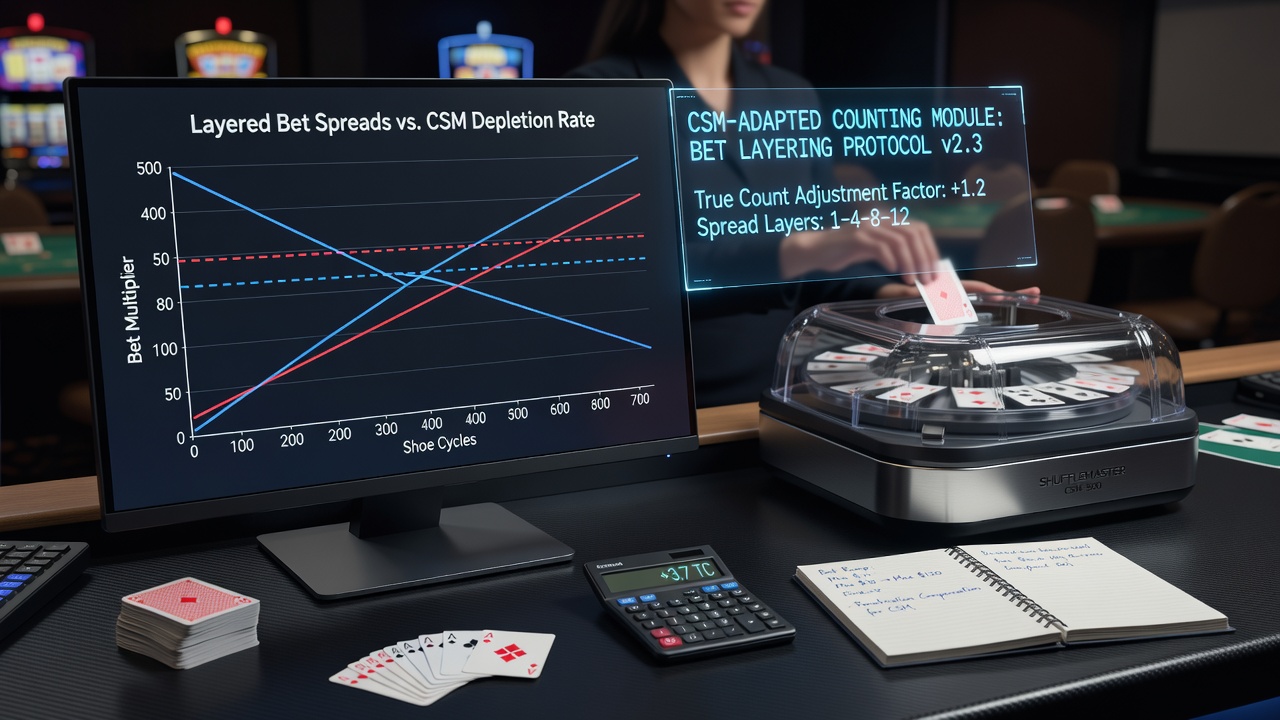 Detailed view of layered betting progression charts used in continuous shuffle blackjack environments