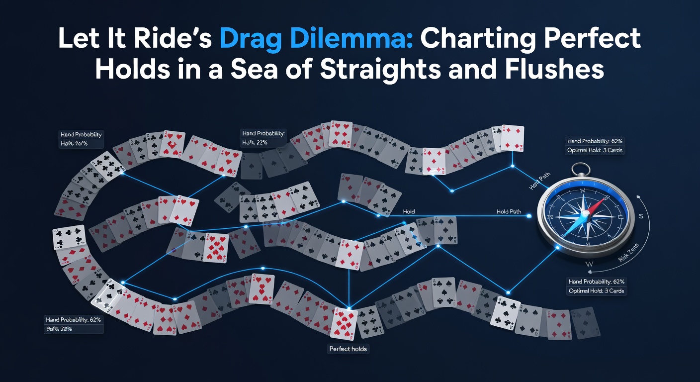 Strategy chart excerpt for Let It Ride holds, detailing straight and flush draw thresholds with probability percentages overlaid on sample hands