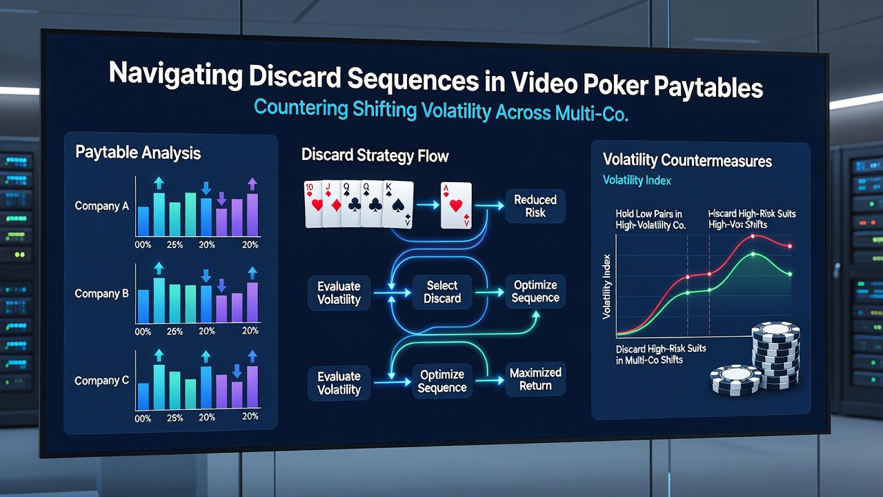 Chart displaying volatility metrics and optimal discard sequences for different video poker denominations