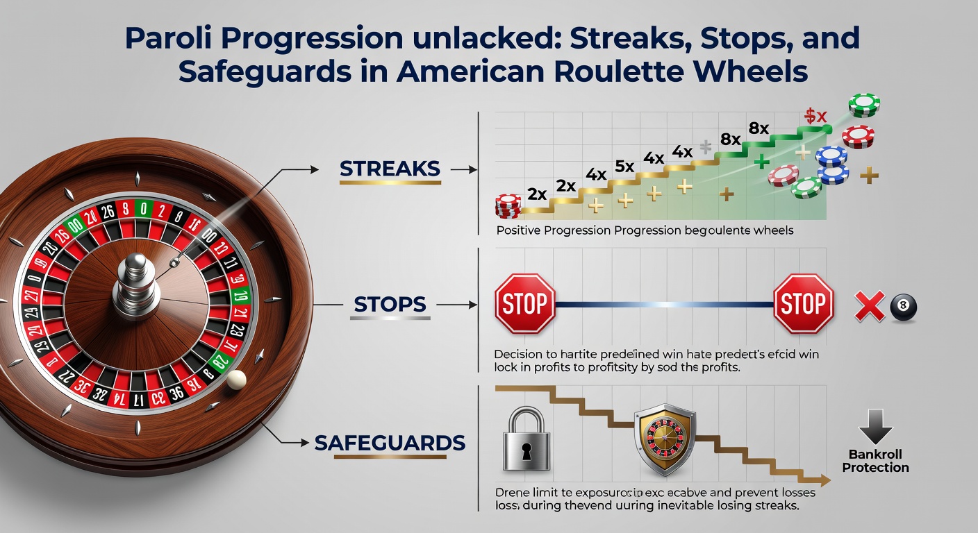 Close-up of a Paroli betting sequence on an American roulette layout, showing progression from $5 to $40 bet with chips and a winning streak marker