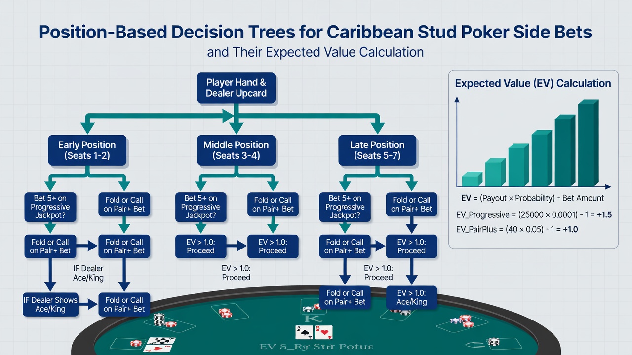 Flowchart illustrating expected value branches within a position-based decision tree for Caribbean Stud side bets