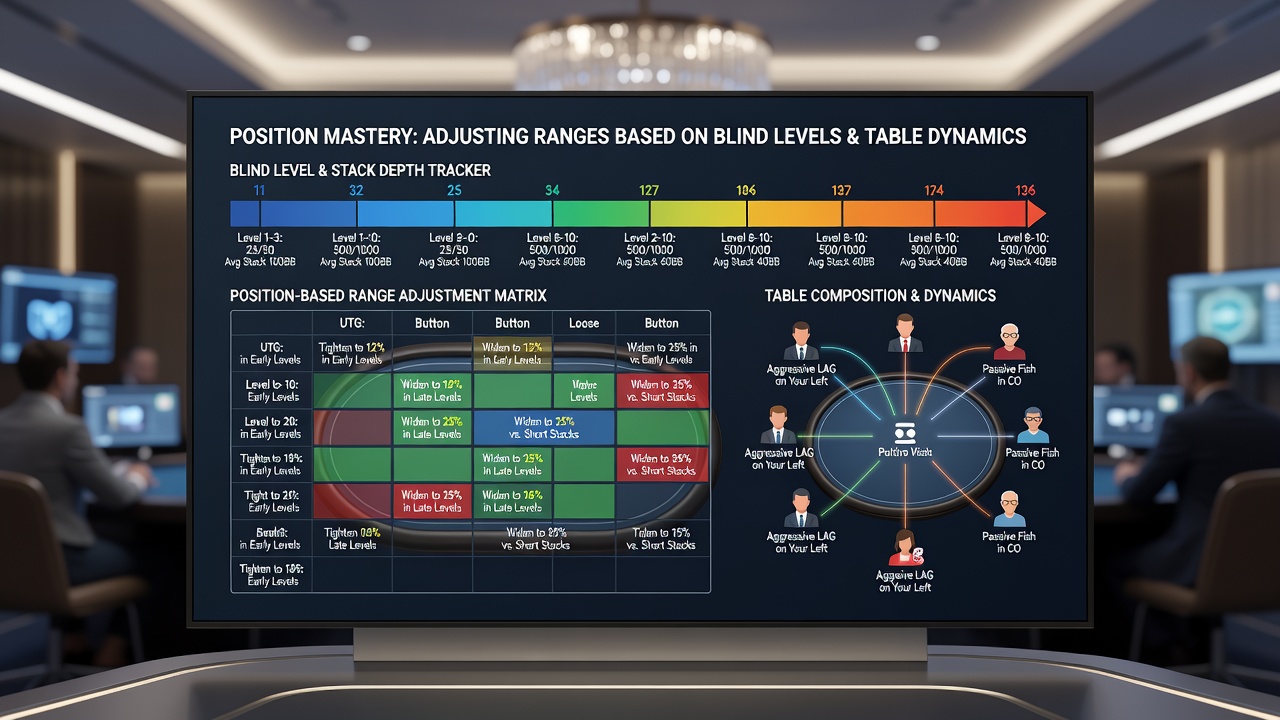 Tournament table showing late-stage blind pressure and positional range shifts