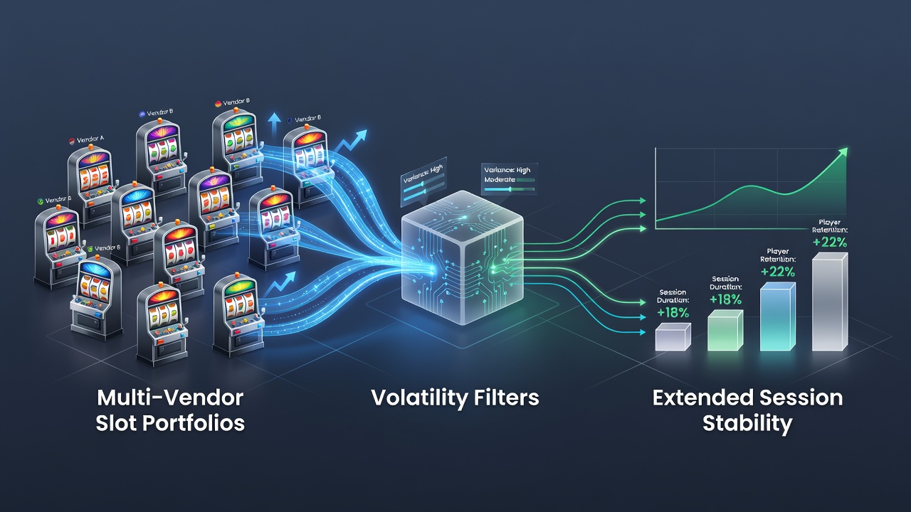 Screenshot of a multi-vendor slot management interface with volatility filter toggles and session stability metrics