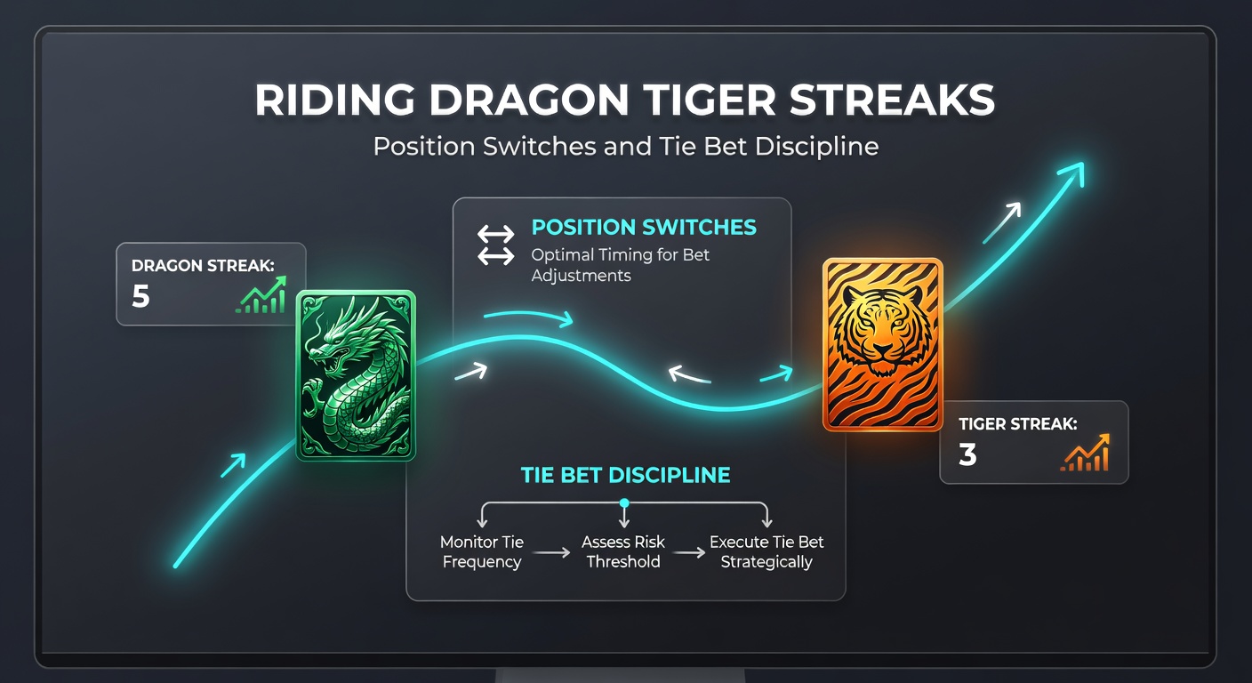 Close-up of a digital Dragon Tiger roadmap showing position switches from Dragon streak to Tiger chop, with tie markers sparsely placed amid dense red and blue entries