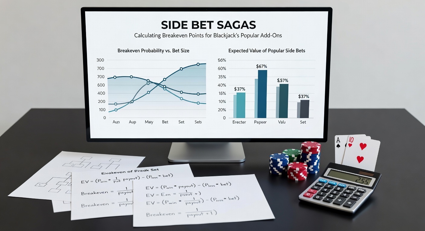 Close-up chart displaying breakeven RTP calculations for blackjack side bets like Perfect Pairs and Lucky Ladies, with probability tables and house edge graphs overlaid on a casino chip stack