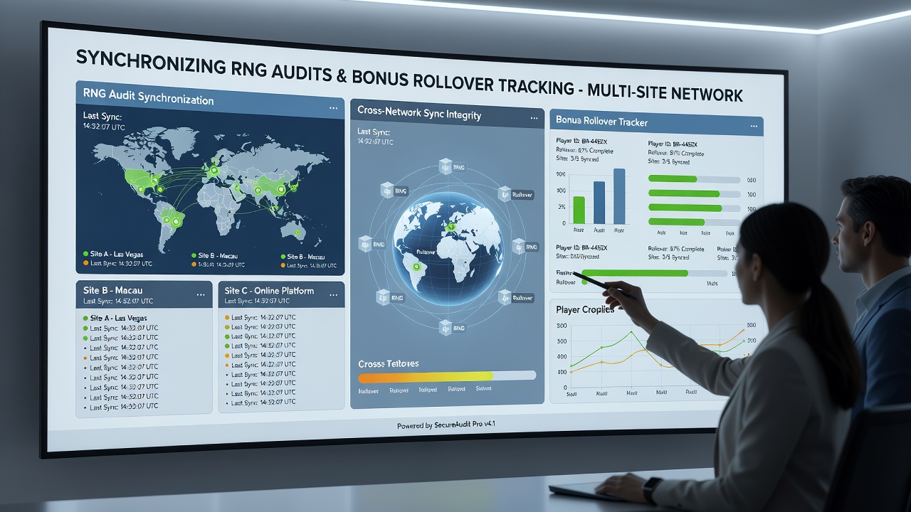 Screenshot of a centralized dashboard displaying real-time RNG audit status alongside active bonus rollover metrics