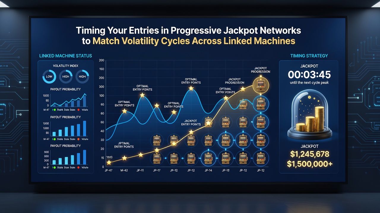 Data dashboard displaying progressive jackpot meters and volatility indicators across multiple linked machines
