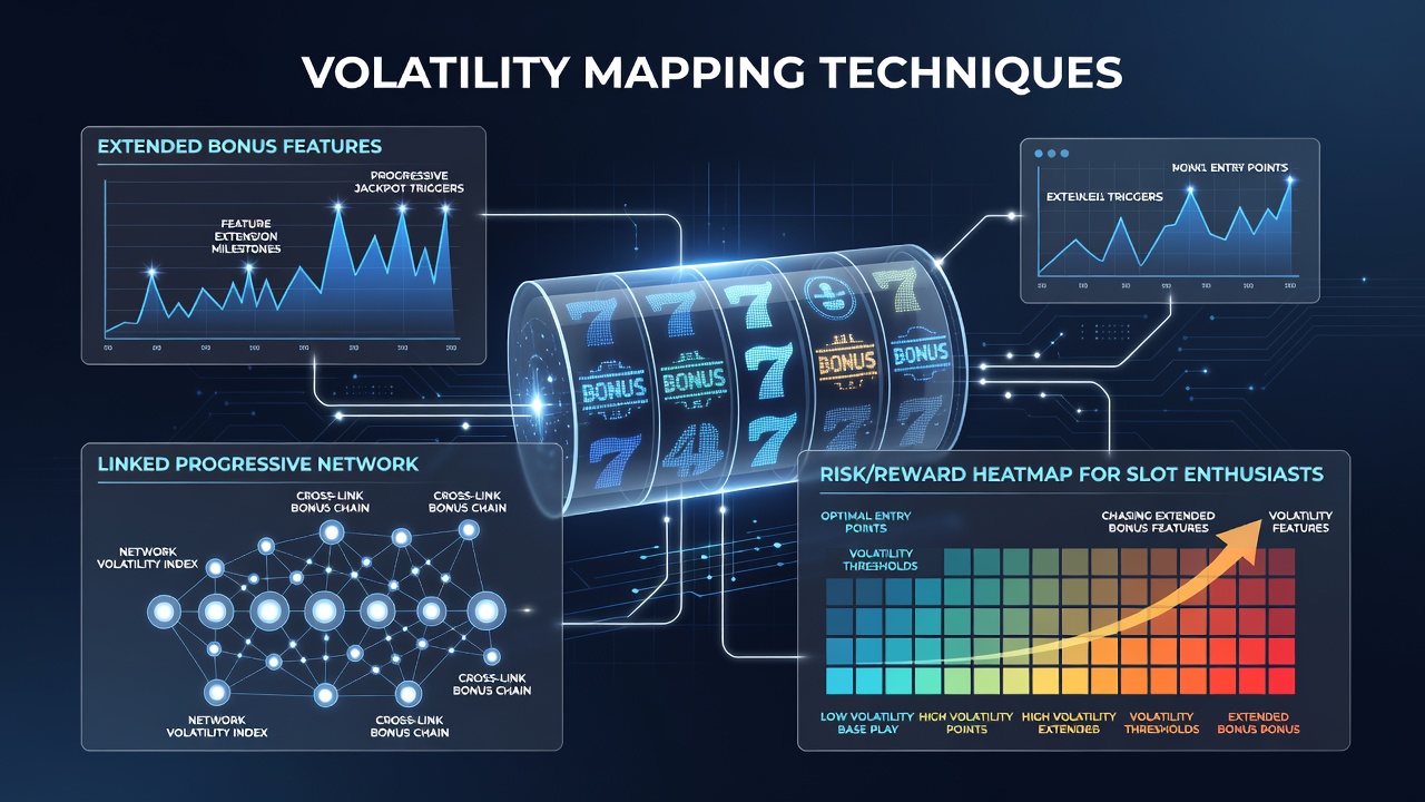 Linked progressive slot network visualization with bonus extension pathways highlighted